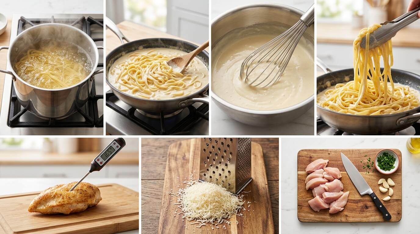 Step-by-step Chicken Alfredo Pasta recipe: boiling fettuccine pasta, making creamy Alfredo sauce in a pan, whisking smooth sauce, tossing pasta in Alfredo sauce, cooking juicy chicken breasts, grating fresh parmesan cheese, and slicing chicken for the final dish