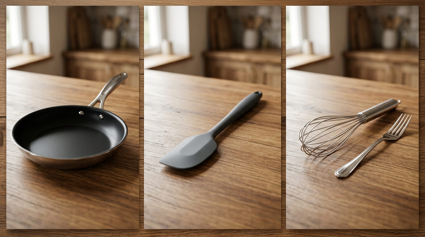 Essential kitchen tools for making scrambled eggs: non-stick frying pan, gray silicone spatula, and a wire whisk with a fork arranged on a wooden countertop