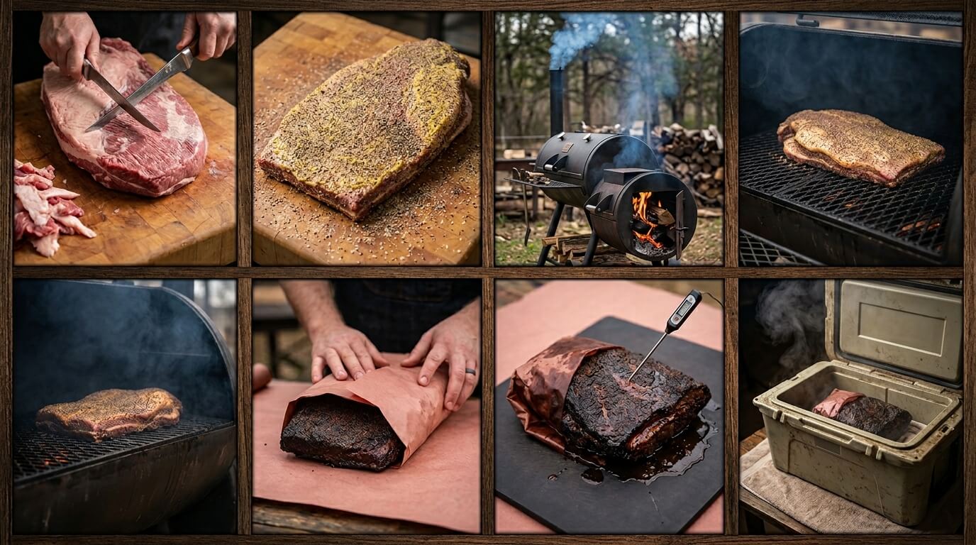 Texas Style Smoked Brisket step-by-step process: trimming raw brisket, seasoning with salt and pepper, offset smoker with fire, brisket smoking on the grill, spritzing during cook, wrapping in butcher paper, slicing the finished brisket with perfect smoke ring, and resting in a cooler