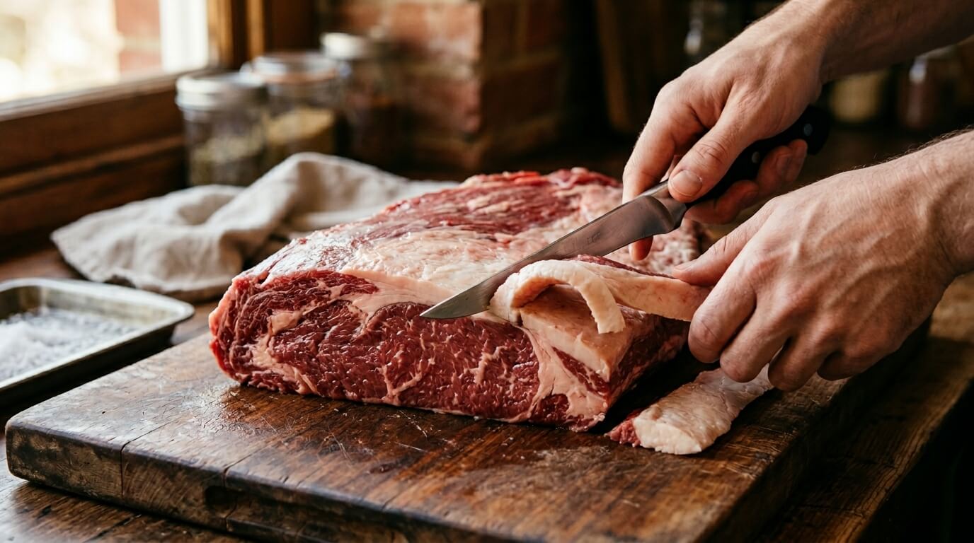 Trimming raw brisket for Texas style smoked brisket recipe by removing excess fat on cutting board