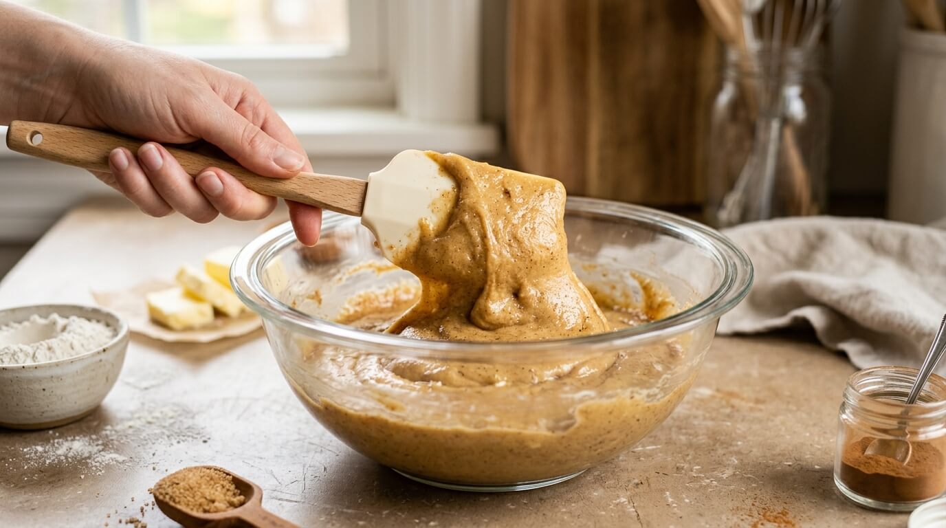 Mixing dough for Churro Cheesecake Donut Cookies in bowl with cinnamon batter and spatula on kitchen counter