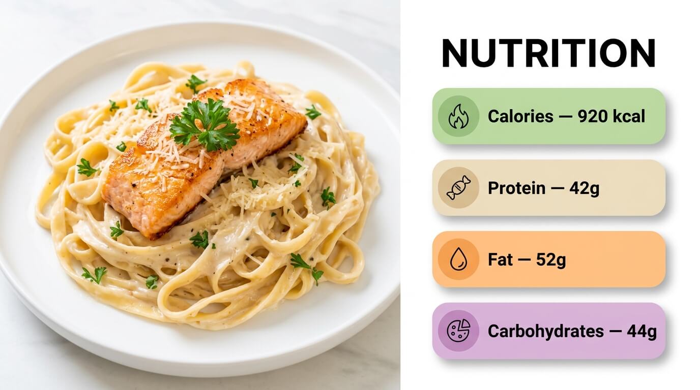 Salmon Alfredo Pasta with seared salmon over creamy fettuccine and nutrition facts for calories, protein, fat, and carbs