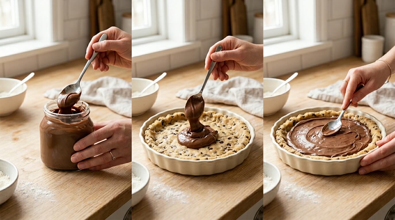 Filling Nutella Stuffed Cookie Pie by spooning Nutella into crust and spreading smooth chocolate layer