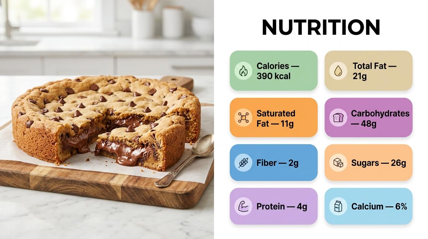 Nutella Stuffed Cookie Pie with gooey center and nutrition facts for calories, fat, carbs, sugar, protein, and fiber