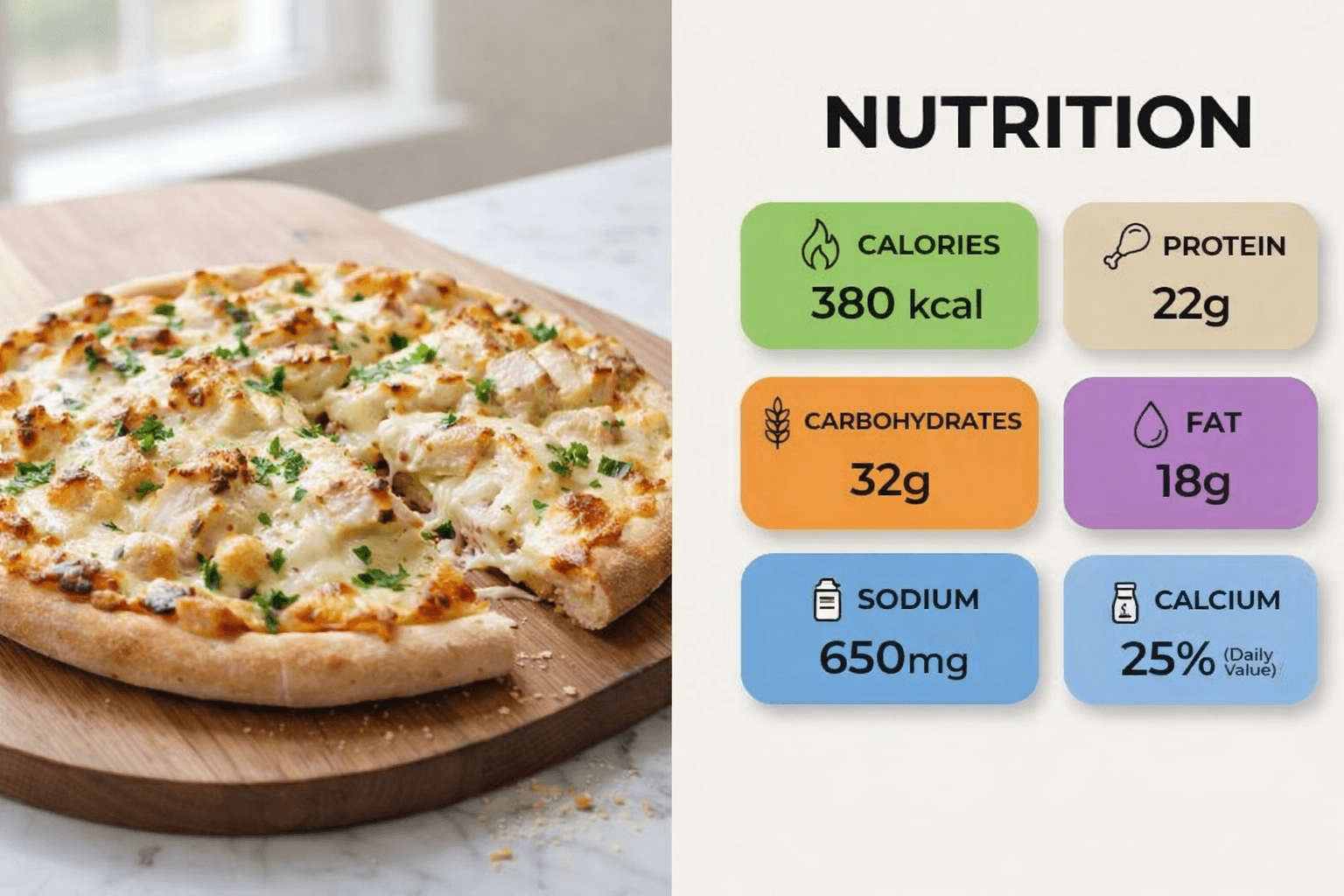 Chicken Alfredo Pizza with creamy sauce and chicken topping, served with nutrition facts for calories, protein, carbs, fat, sodium, and calcium