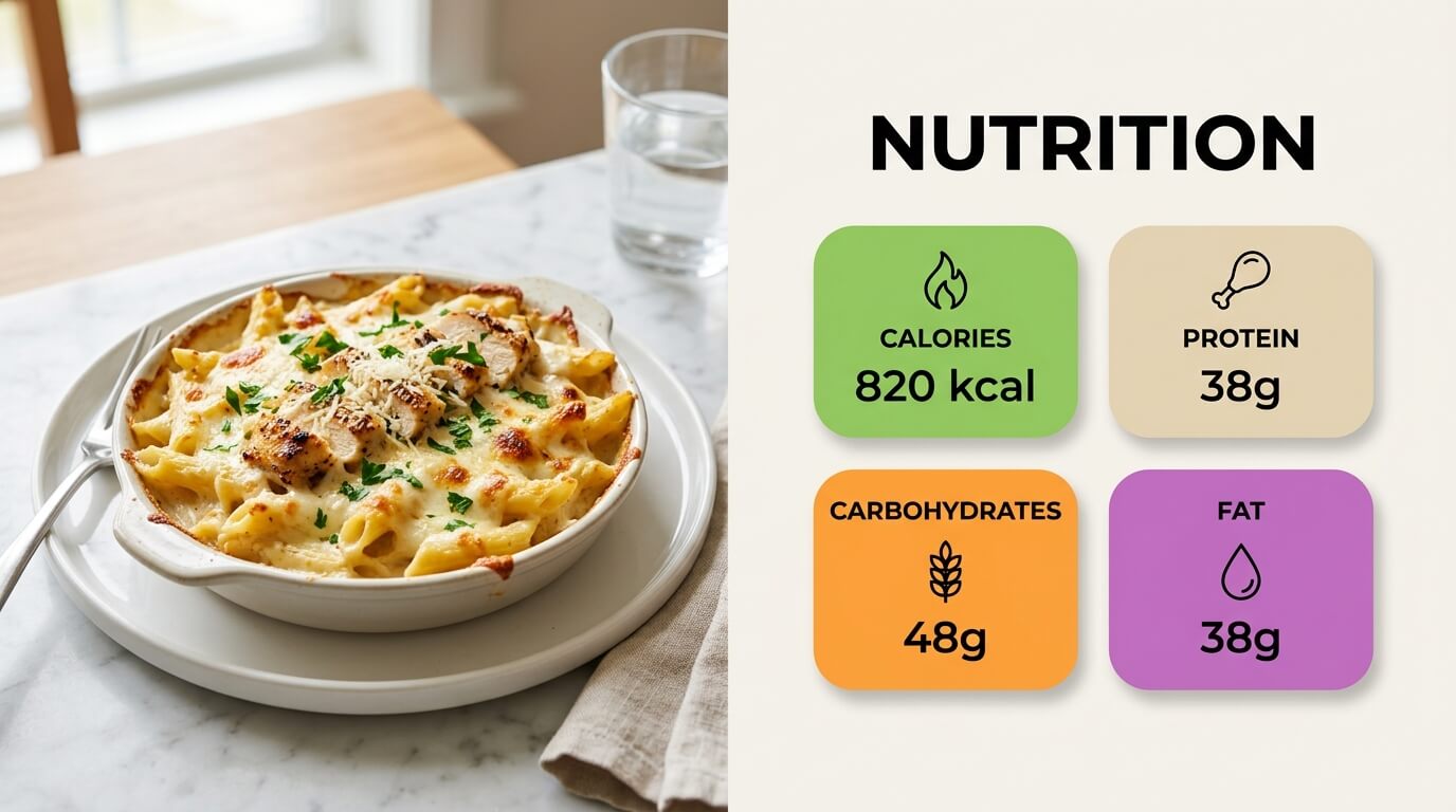 Chicken Alfredo Oven Bake Pasta in cheesy baked dish with nutrition facts for calories, protein, carbs, and fat