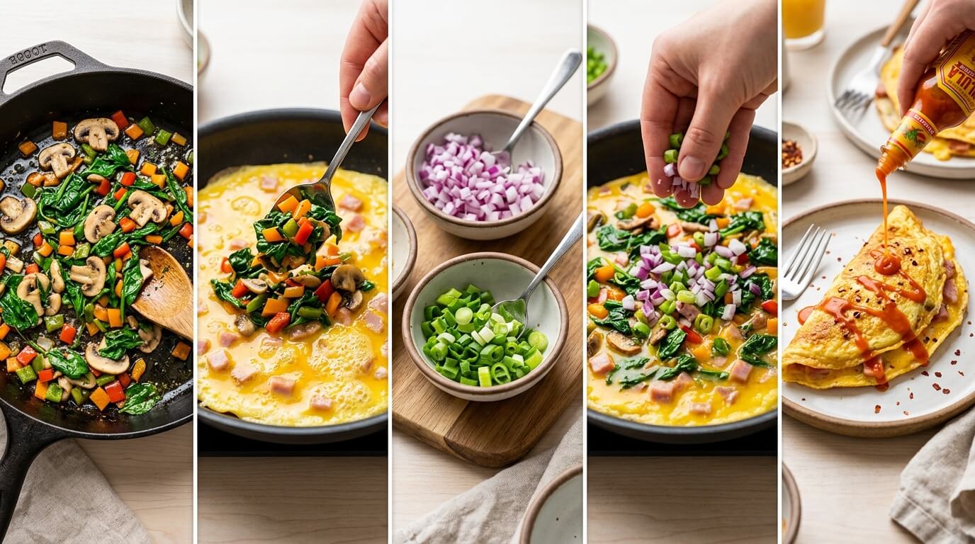 Ultimate Ham and Cheese Omelette customization: sautéing mushrooms, spinach, carrots, and bell peppers in a cast iron skillet, pouring beaten eggs, adding diced ham, chopped red onions, green onions, and finishing with hot sauce drizzle on the folded golden omelette