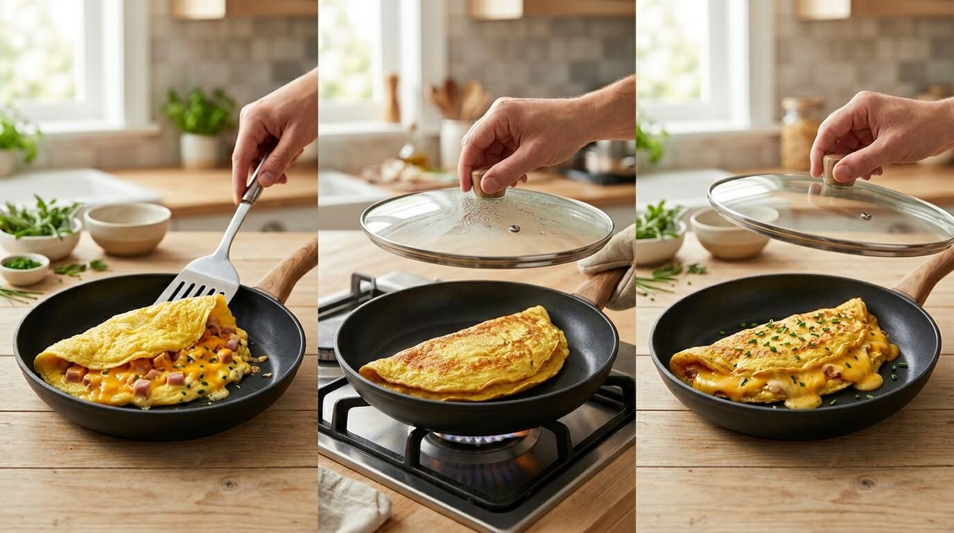 Finishing Ham and Cheese Omelette by folding, covering to cook, and serving melted cheesy omelette with ham