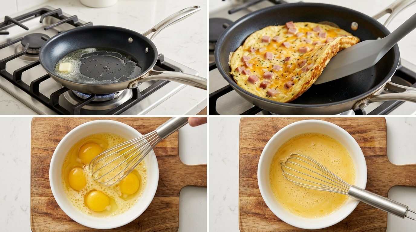 Step-by-step Ham and Cheese Omelette recipe: melting butter in a non-stick pan on the stove, flipping a golden ham and cheese omelette with a spatula, whisking fresh eggs, and smooth beaten egg mixture ready for cooking