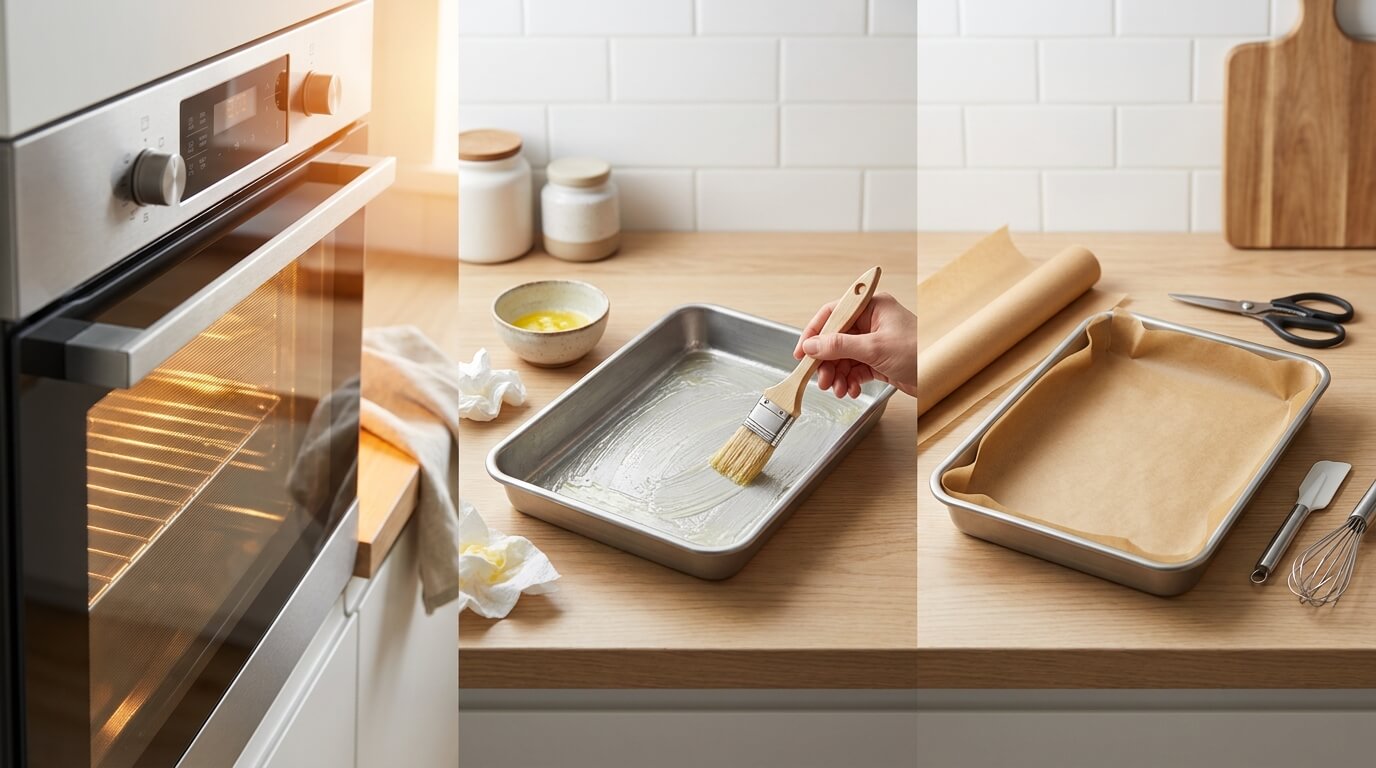Preparing Gooey Chocolate Lava Brookie Cake pan by preheating oven, greasing tray, and lining with parchment paper