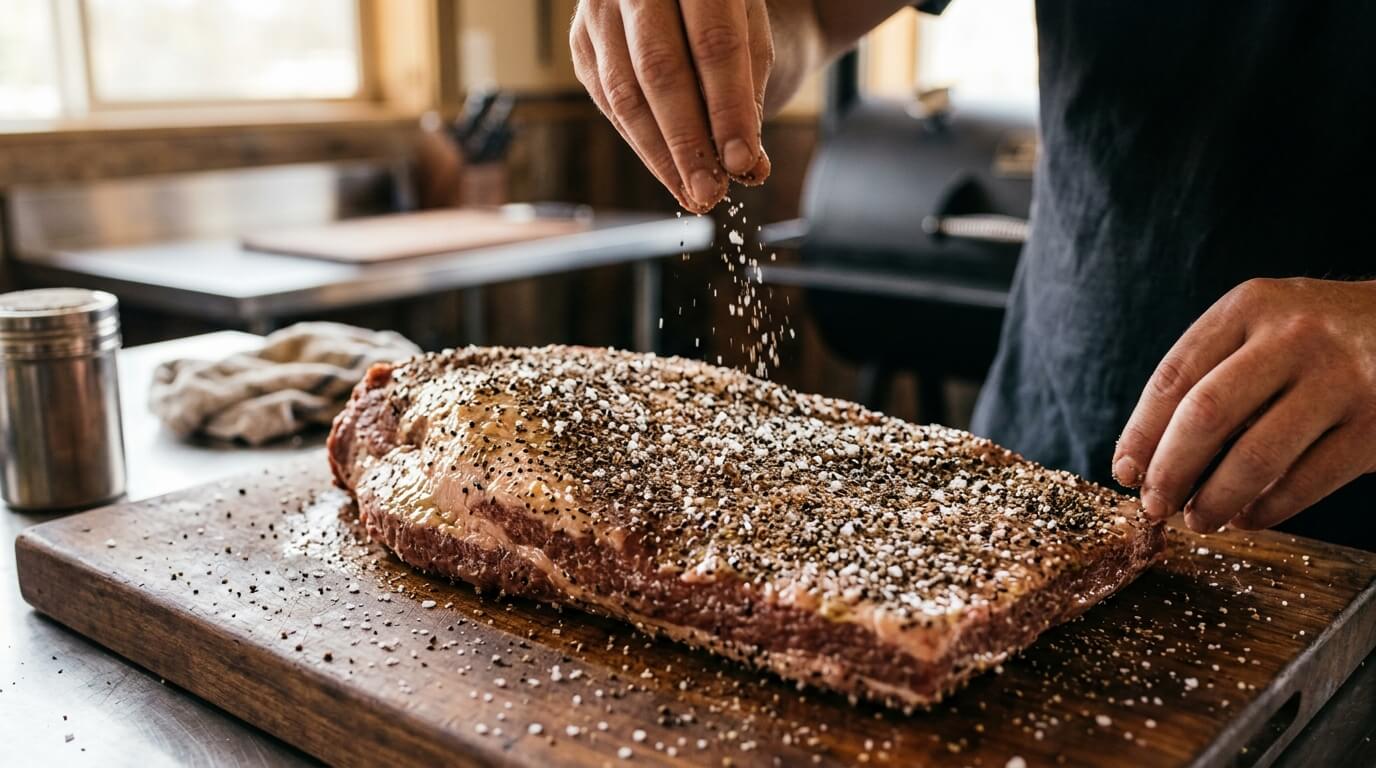 Seasoning a raw brisket with salt and pepper on a cutting board for a Texas Style Smoked Brisket Recipe