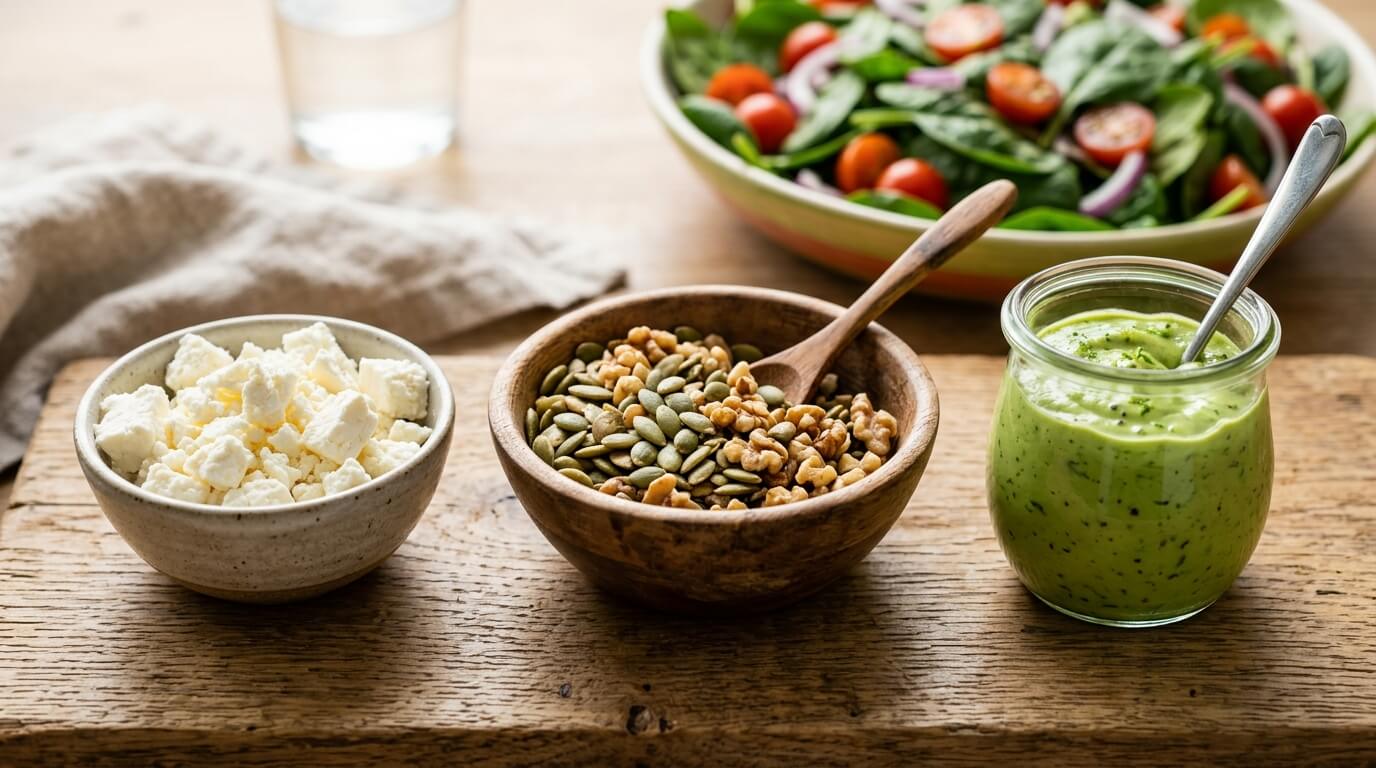Ingredients for Spinach Salad with Chicken, Avocado, and Goat Cheese including cheese, seeds, and dressing