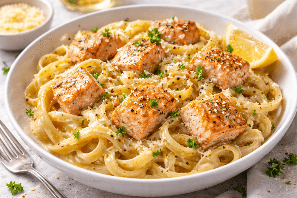 Best creamy salmon Alfredo pasta with seared salmon chunks over fettuccine, garnished with herbs and lemon