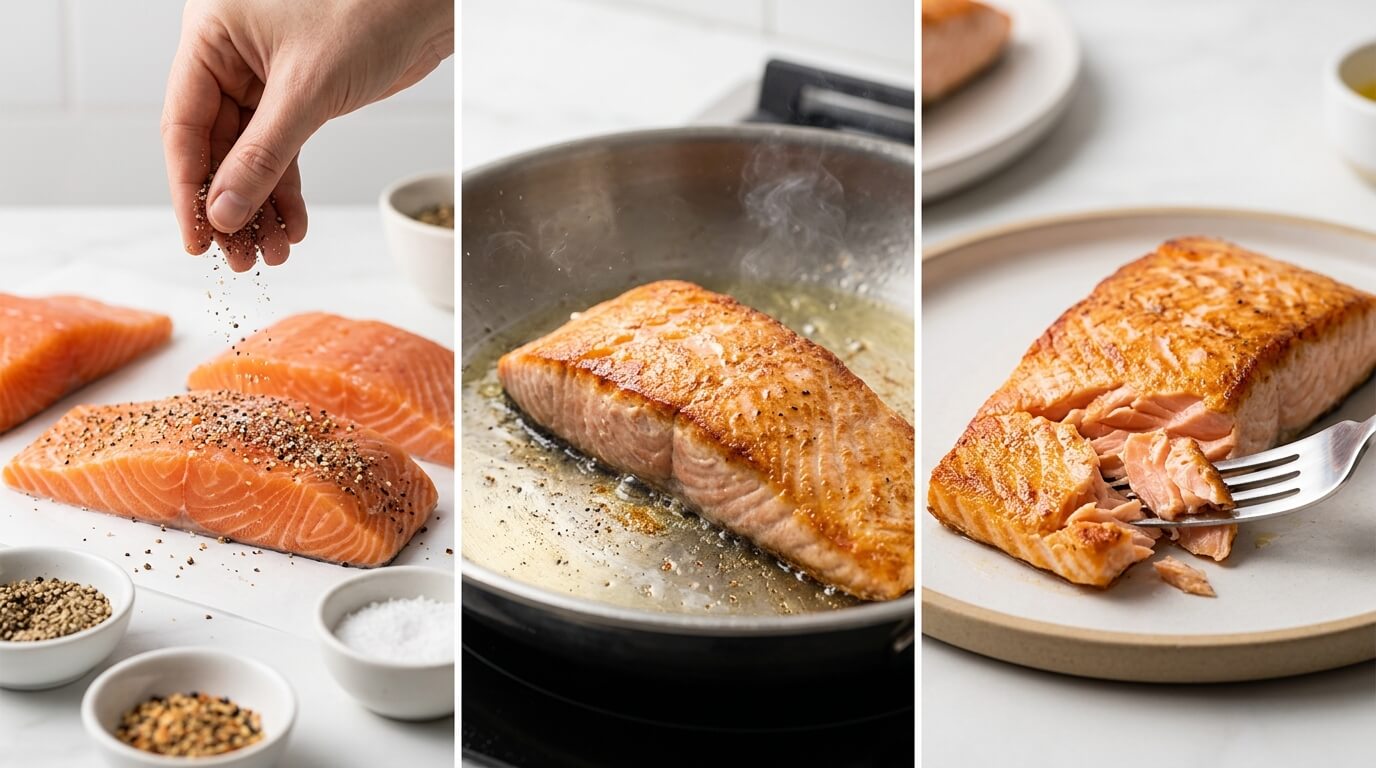 Preparing Salmon Alfredo Pasta with seasoning raw salmon, pan-searing fillet, and serving cooked salmon pieces