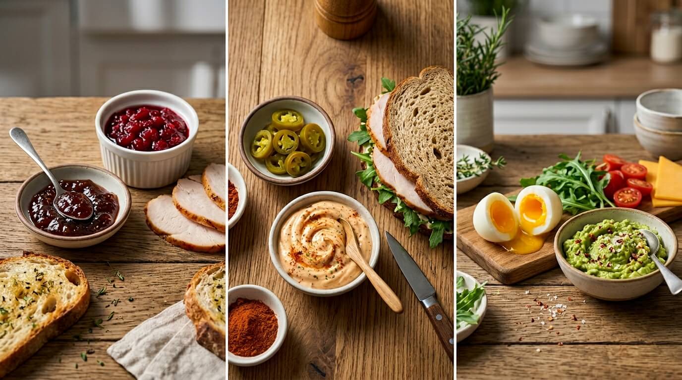 Turkey chicken club sandwich ingredients with sauces, bread, jalapenos, eggs, avocado, greens, and toppings on table