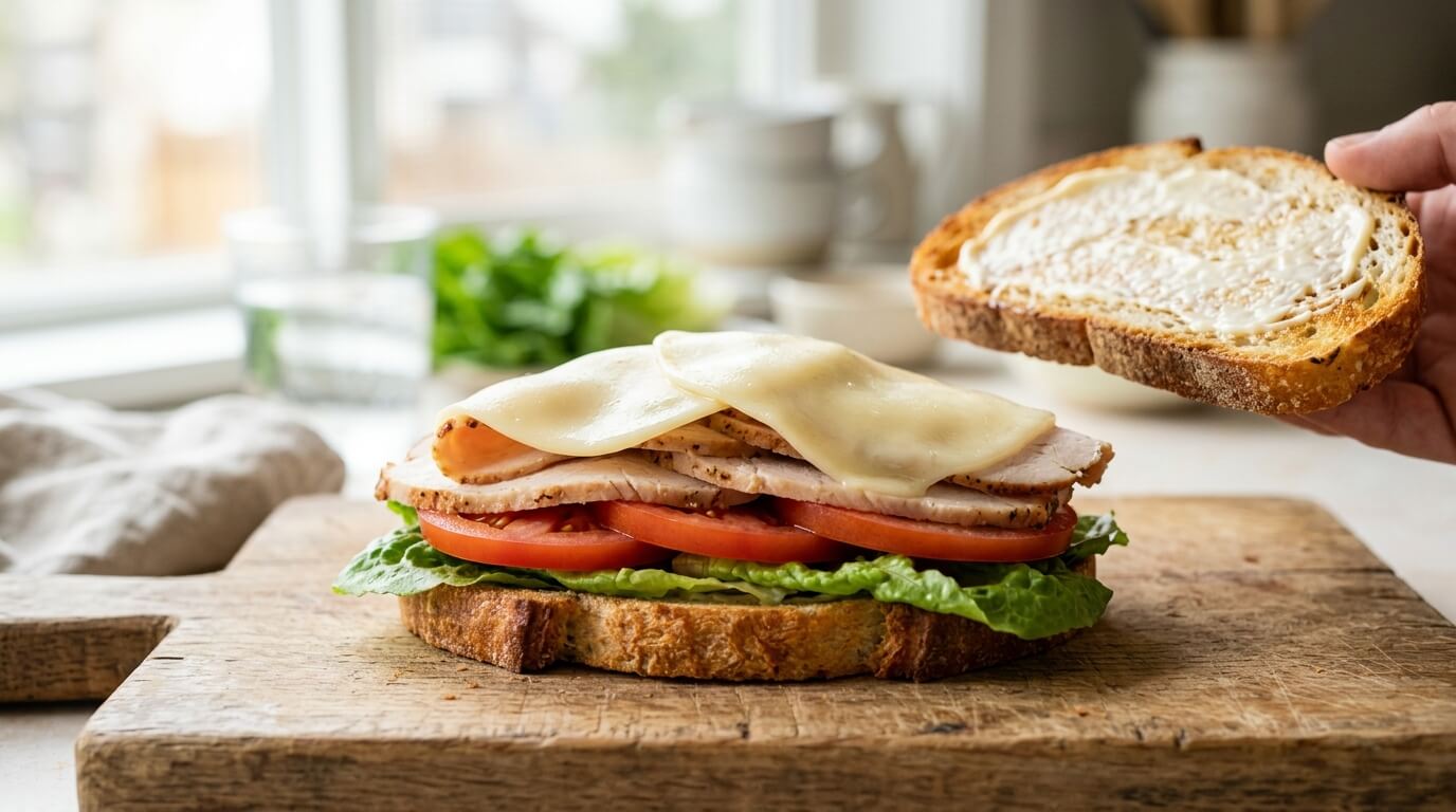 Assembling turkey chicken club sandwich with toasted bread, sliced chicken, cheese, lettuce, and tomato layers