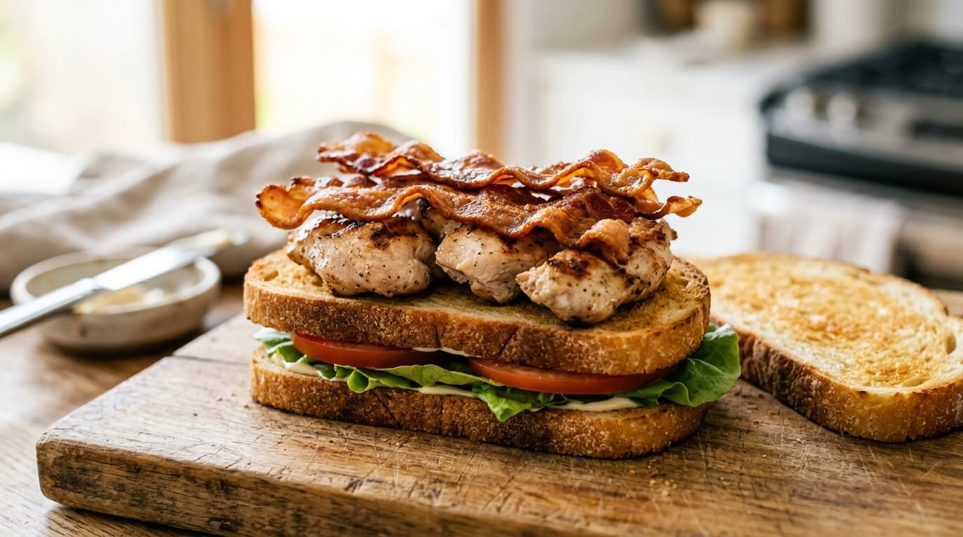 Turkey chicken club sandwich with grilled chicken, crispy bacon, lettuce, and tomato on toasted bread ready to serve