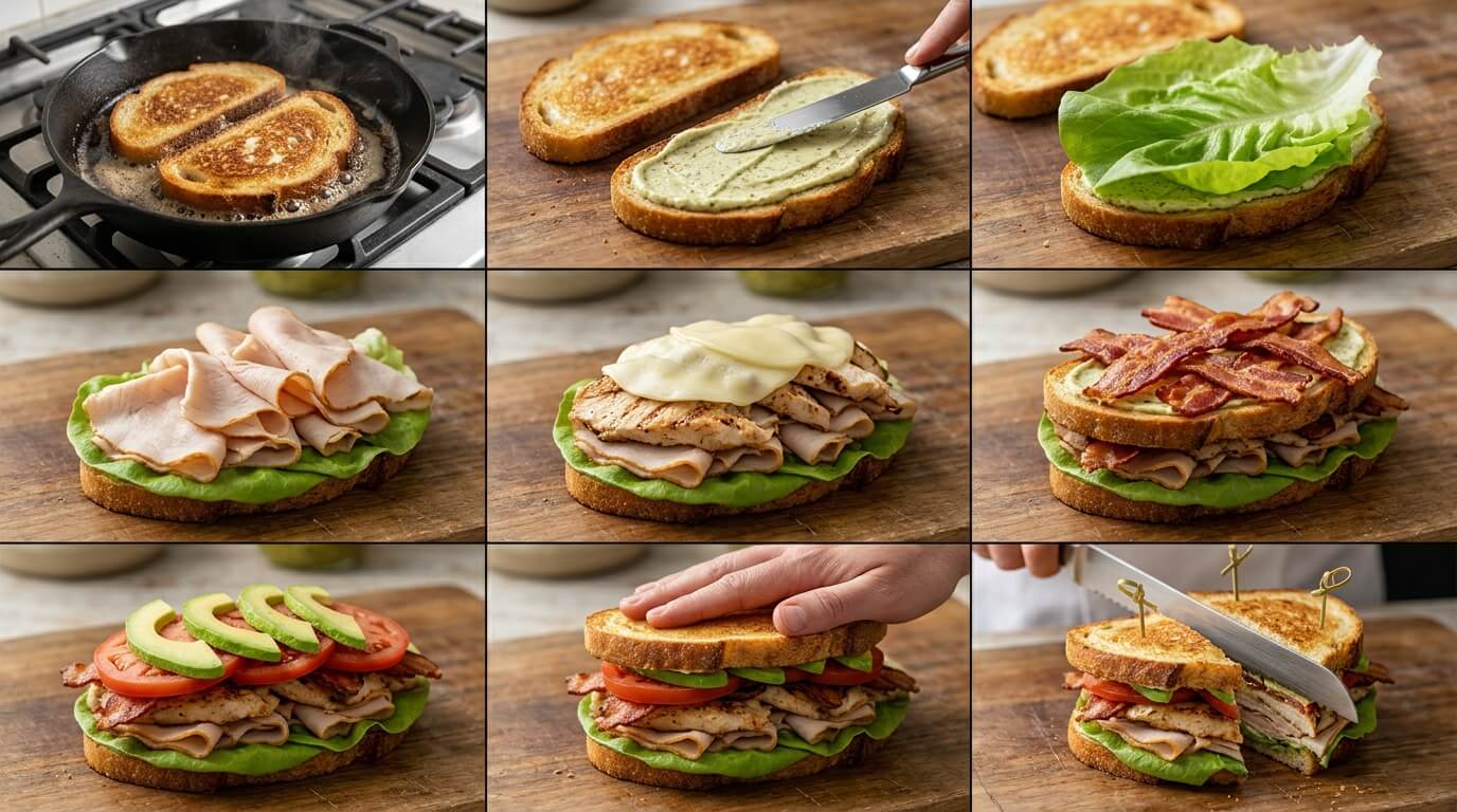 Step-by-step turkey chicken club sandwich with toasted bread, mayo, lettuce, meat, cheese, bacon, and sliced finished sandwich