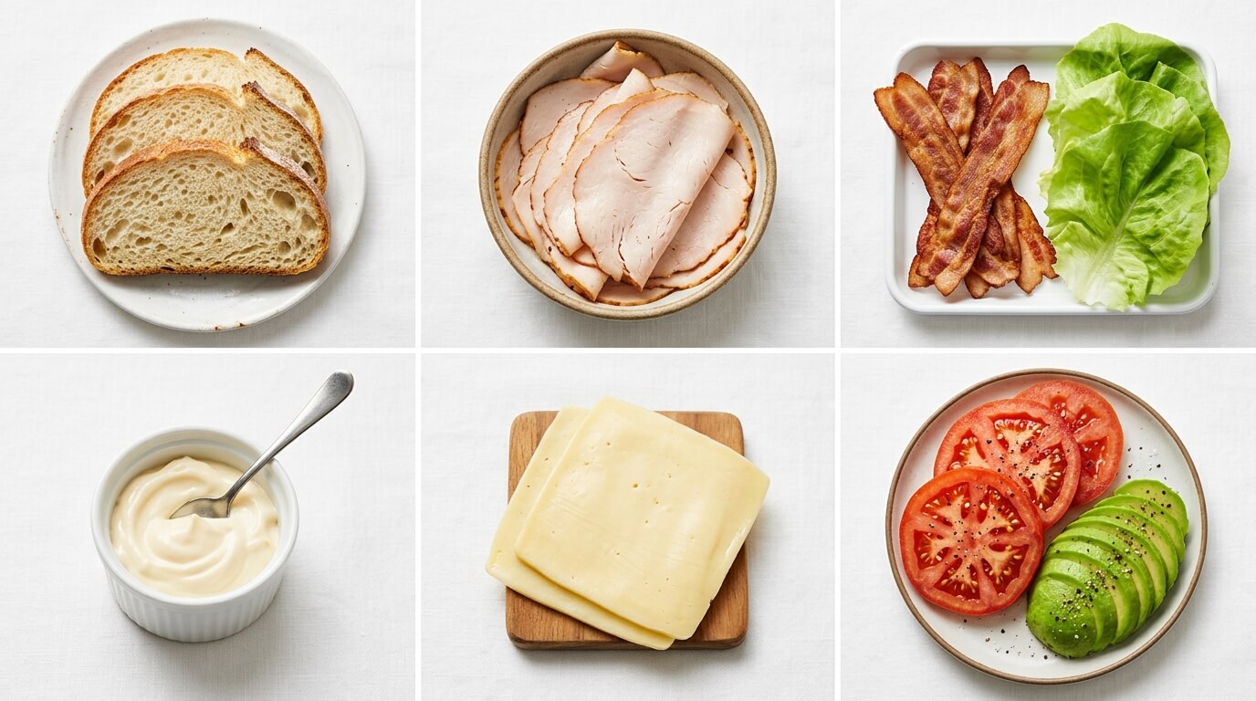 Turkey chicken club sandwich ingredients including bread, sliced turkey, bacon, lettuce, cheese, tomato, avocado, and mayo