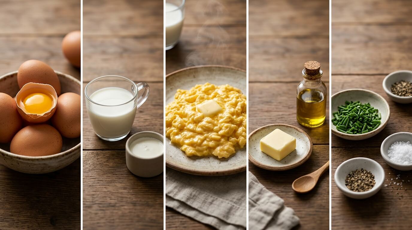 Ingredients for perfect scrambled eggs displayed on a wooden surface: fresh brown eggs, milk, creamy scrambled eggs with melting butter, butter, olive oil, chopped chives, salt, and black pepper