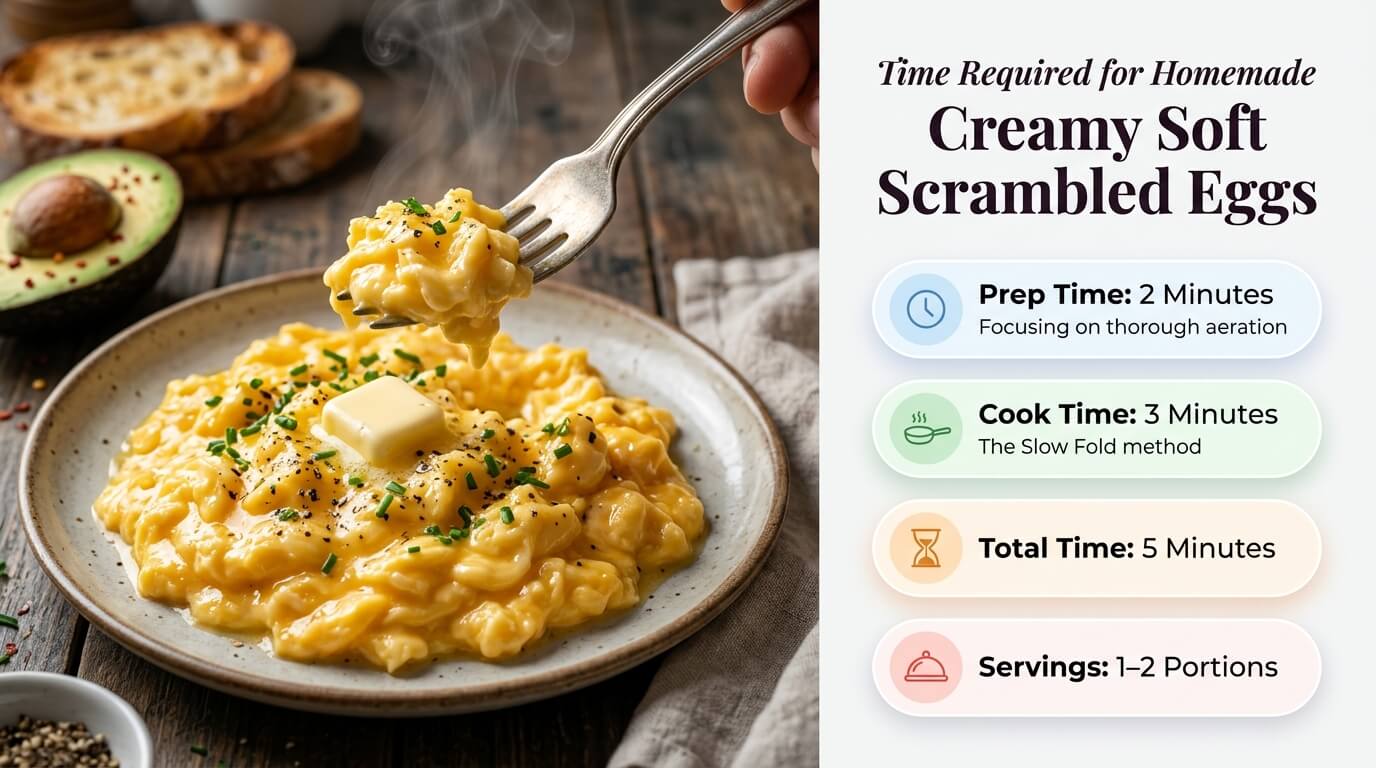 Creamy scrambled eggs with butter and herbs, served with prep, cook time, and serving details graphic