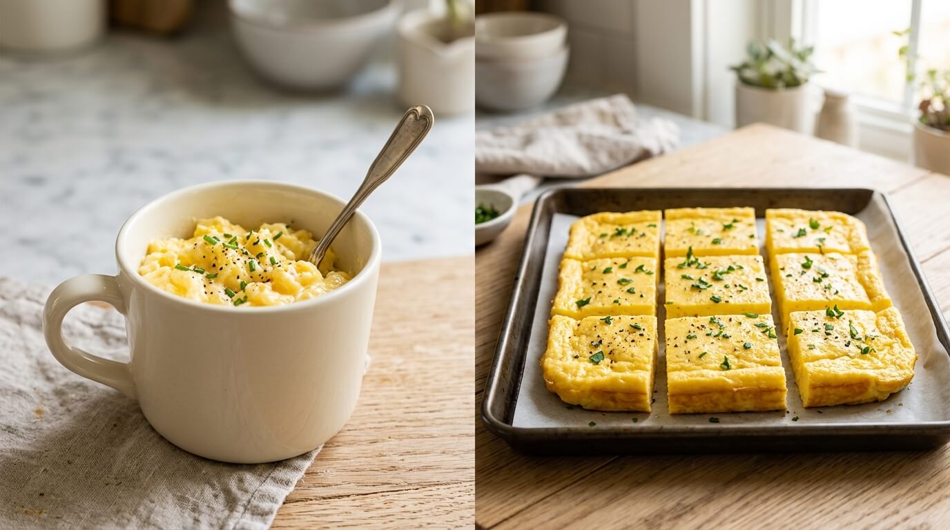 Scrambled eggs served creamy in mug and baked egg squares on tray, garnished with herbs for easy variations