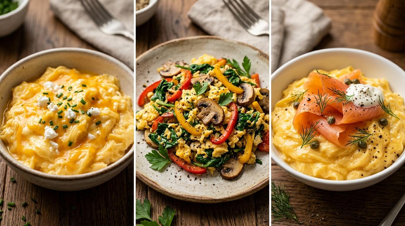 Three delicious scrambled egg variations: classic fluffy scrambled eggs with feta and chives, veggie scrambled eggs with mushrooms, spinach, and bell peppers, and smoked salmon scrambled eggs topped with dill, capers, and creme fraiche