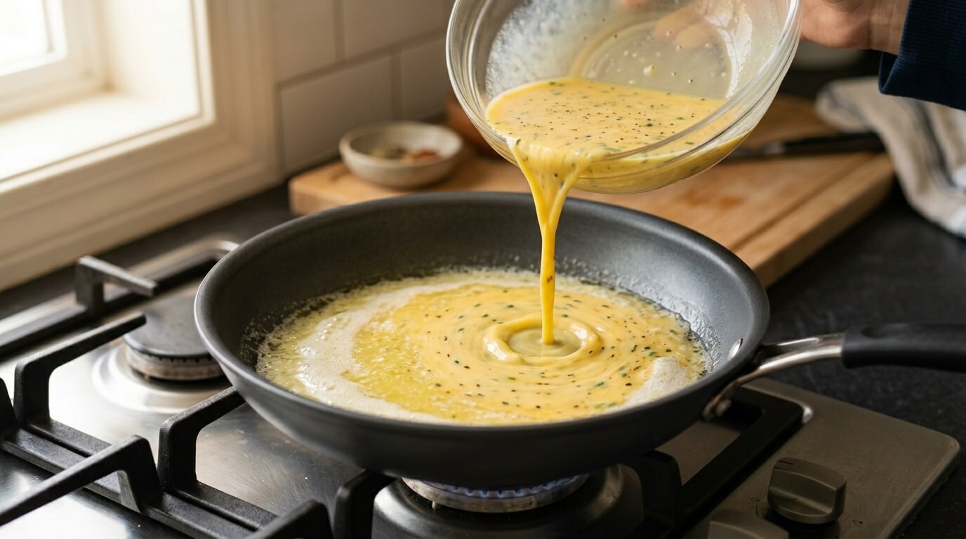 Cooking scrambled eggs by pouring whisked eggs into buttered pan to start forming soft creamy curds