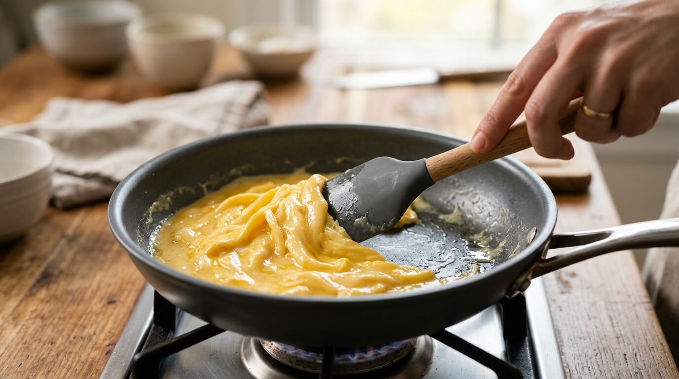 Cooking scrambled eggs by gently stirring in pan to form soft creamy curds with spatula