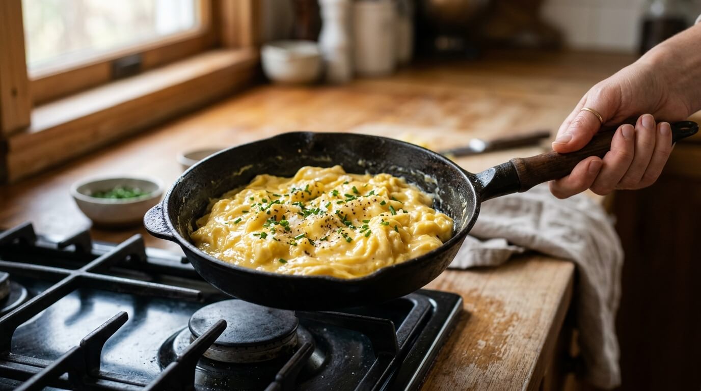 Creamy scrambled eggs in pan topped with herbs, cooked softly and ready to serve on stovetop