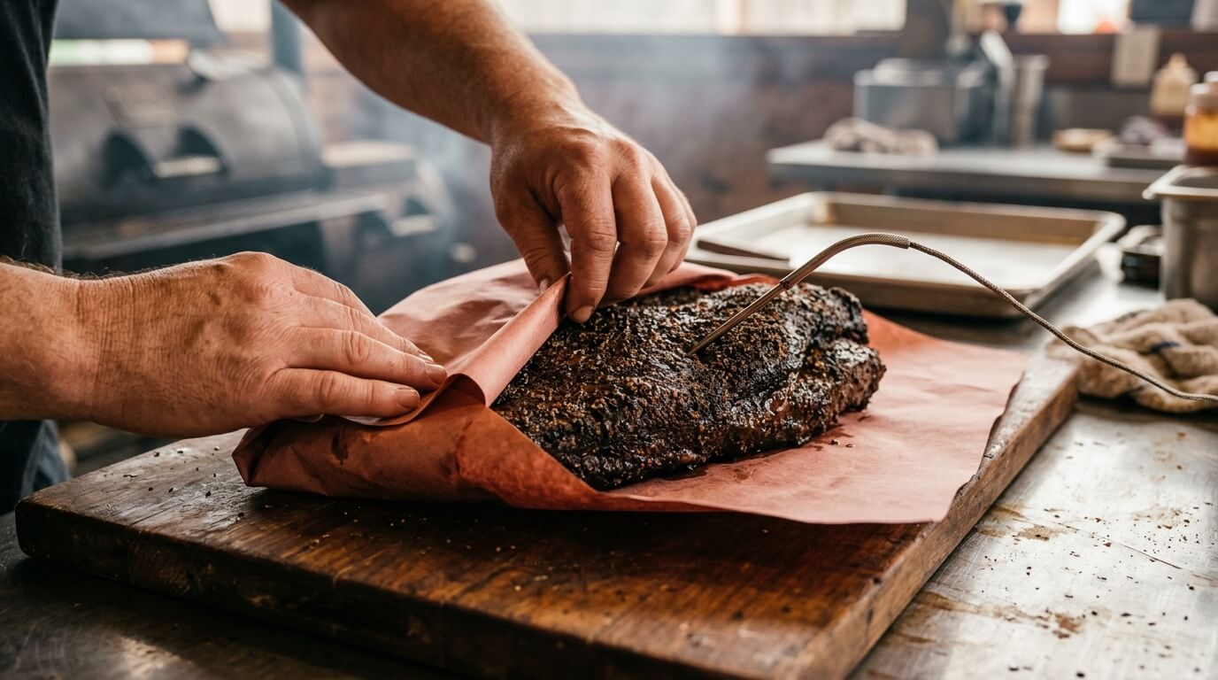 Wrapping smoked brisket in butcher paper with thermometer probe for a Texas Style Smoked Brisket Recipe