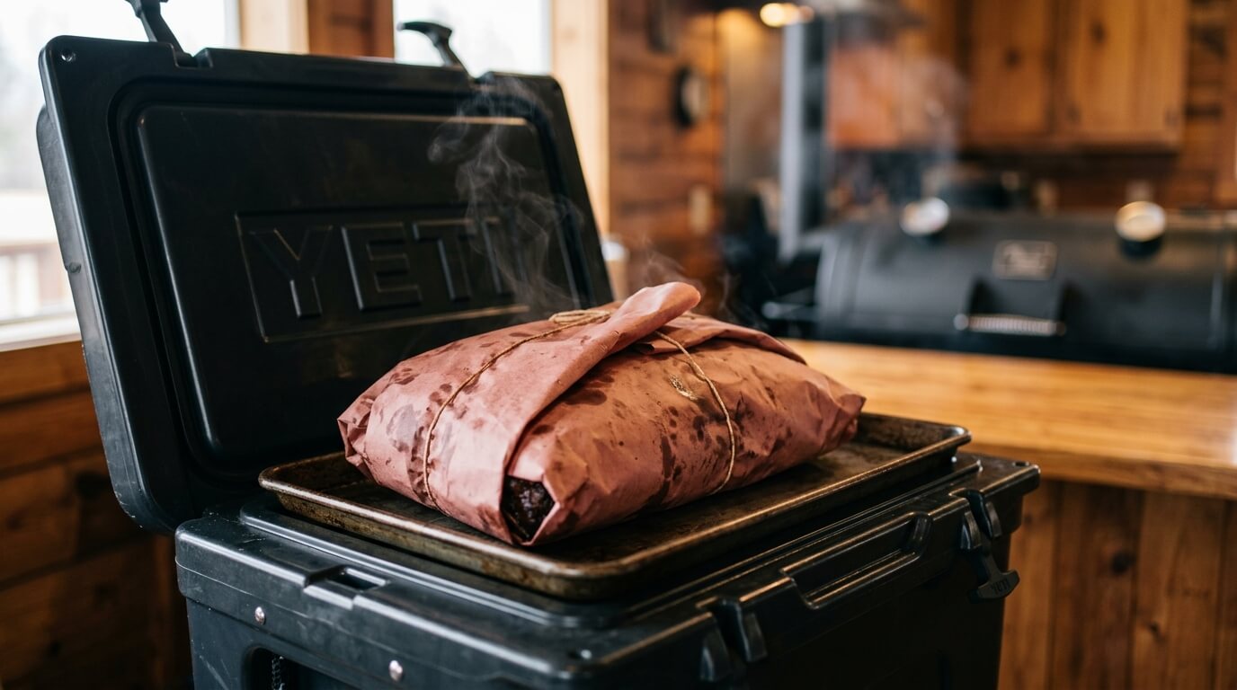 Resting wrapped brisket in a cooler for a Texas Style Smoked Brisket Recipe