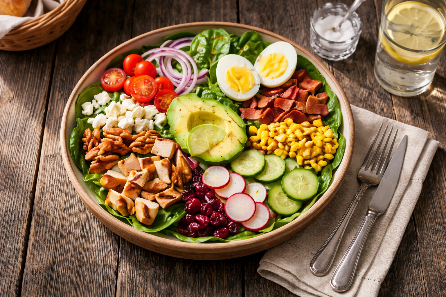 Spinach Salad with Chicken, Avocado, and Goat Cheese – The Power Salad Masterpiece in a wooden bowl, loaded with grilled chicken, creamy avocado, hard-boiled eggs, crispy bacon, goat cheese, walnuts, sweet corn, radishes, cherry tomatoes, red onion, and dried cranberries