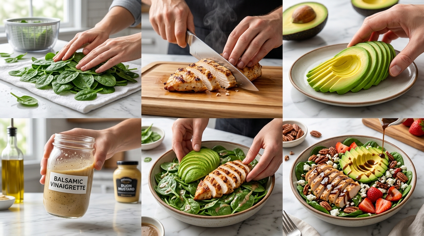 How to make Spinach Salad with Chicken, Avocado, and Goat Cheese – step-by-step guide showing spinach prep, grilled chicken, avocado, homemade balsamic vinaigrette, and final assembly of the healthy Power Salad