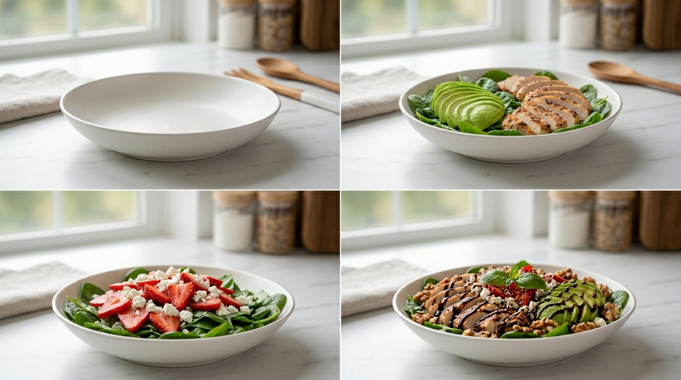 Spinach Power Salad assembly stages: empty bowl, spinach and avocado, adding toppings, and finished masterpiece with grilled chicken and balsamic dressing