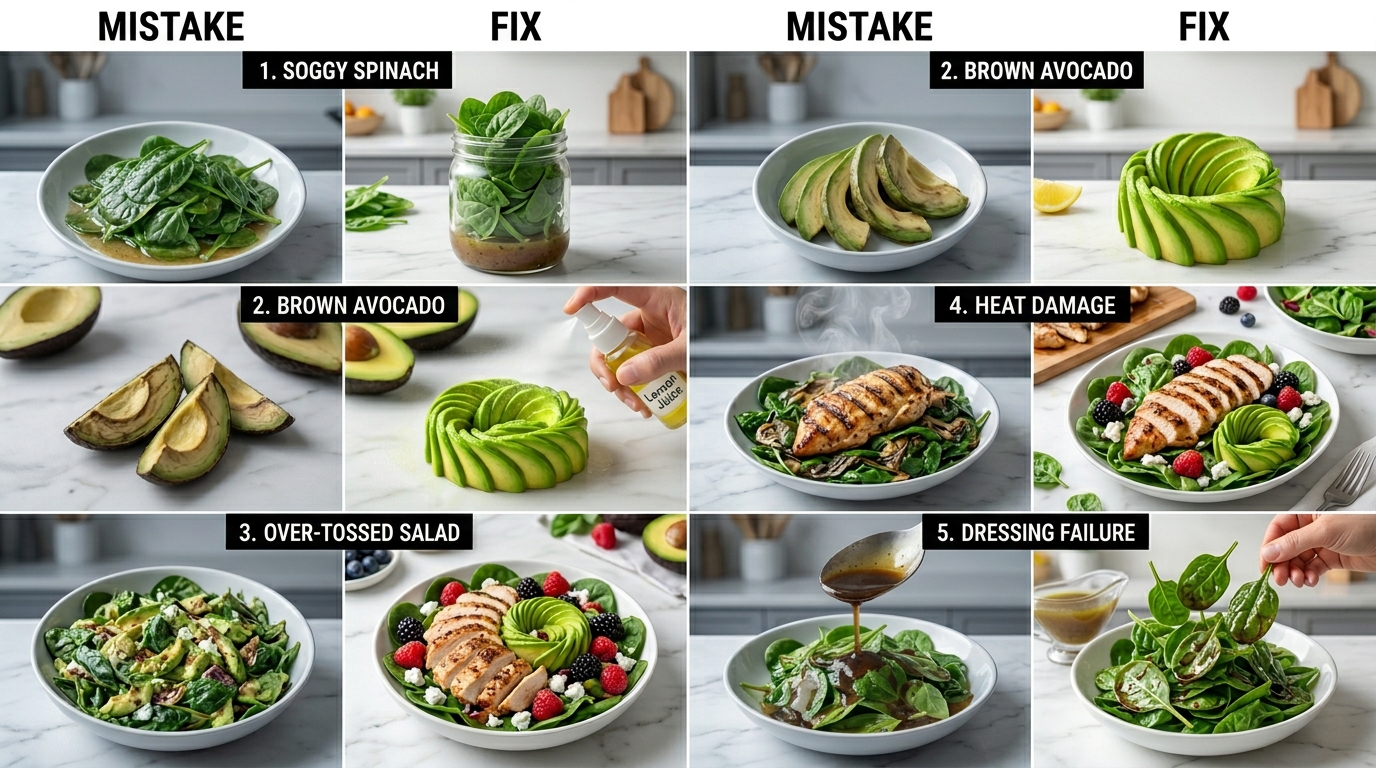 Common mistakes and fixes for Spinach Salad with Chicken, Avocado, and Goat Cheese including soggy spinach and browning avocado