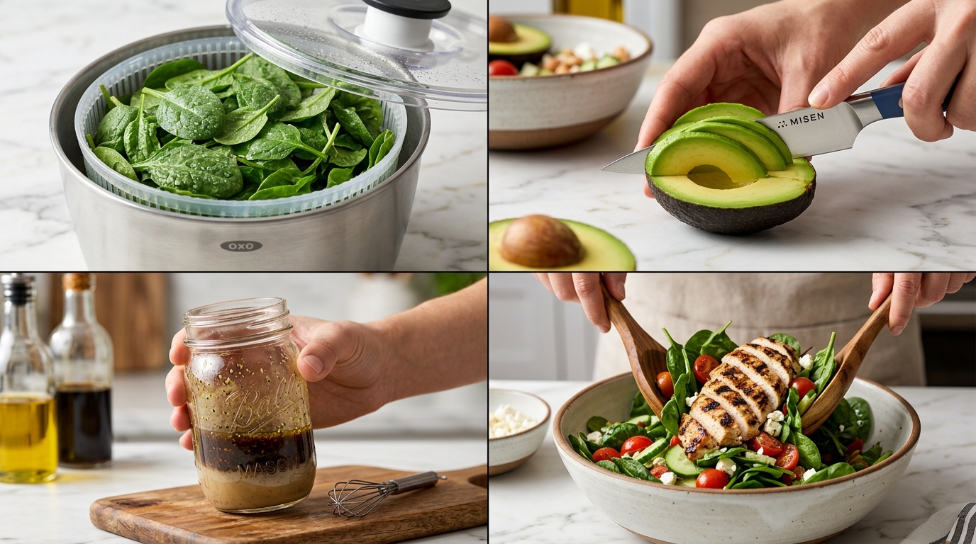 Spinach Power Salad assembly steps: washing spinach, slicing avocado, making balsamic dressing, and tossing the finished salad