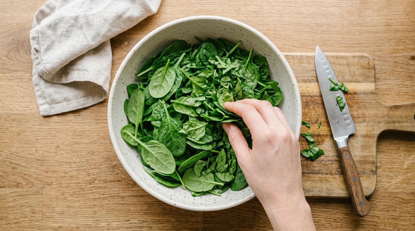 Fresh spinach leaves being prepared for Spinach Salad with Chicken, Avocado, and Goat Cheese
