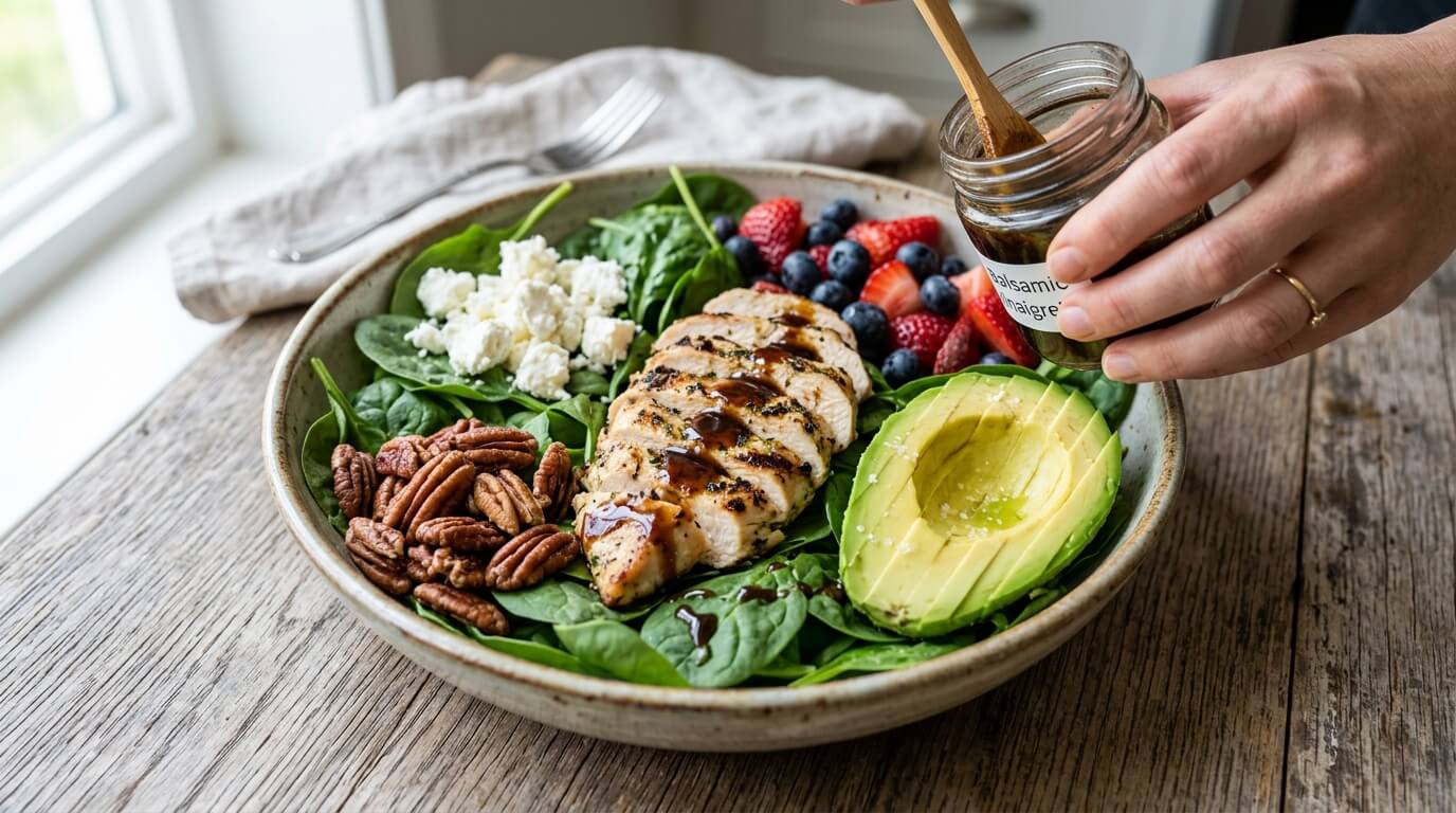 Drizzling dressing over Spinach Salad with Chicken, Avocado, and Goat Cheese with berries and nuts