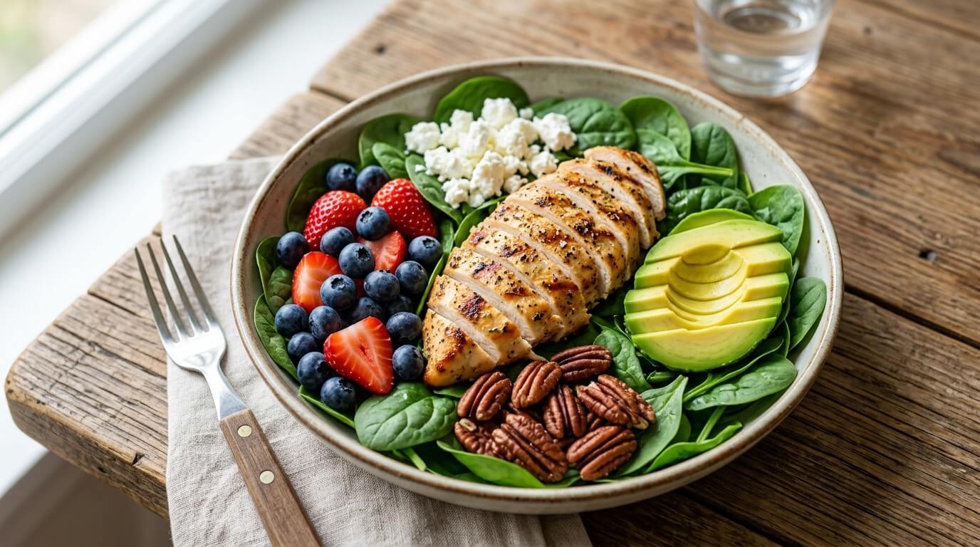 Spinach Salad with Chicken, Avocado, and Goat Cheese with berries, nuts, grilled chicken, and sliced avocado