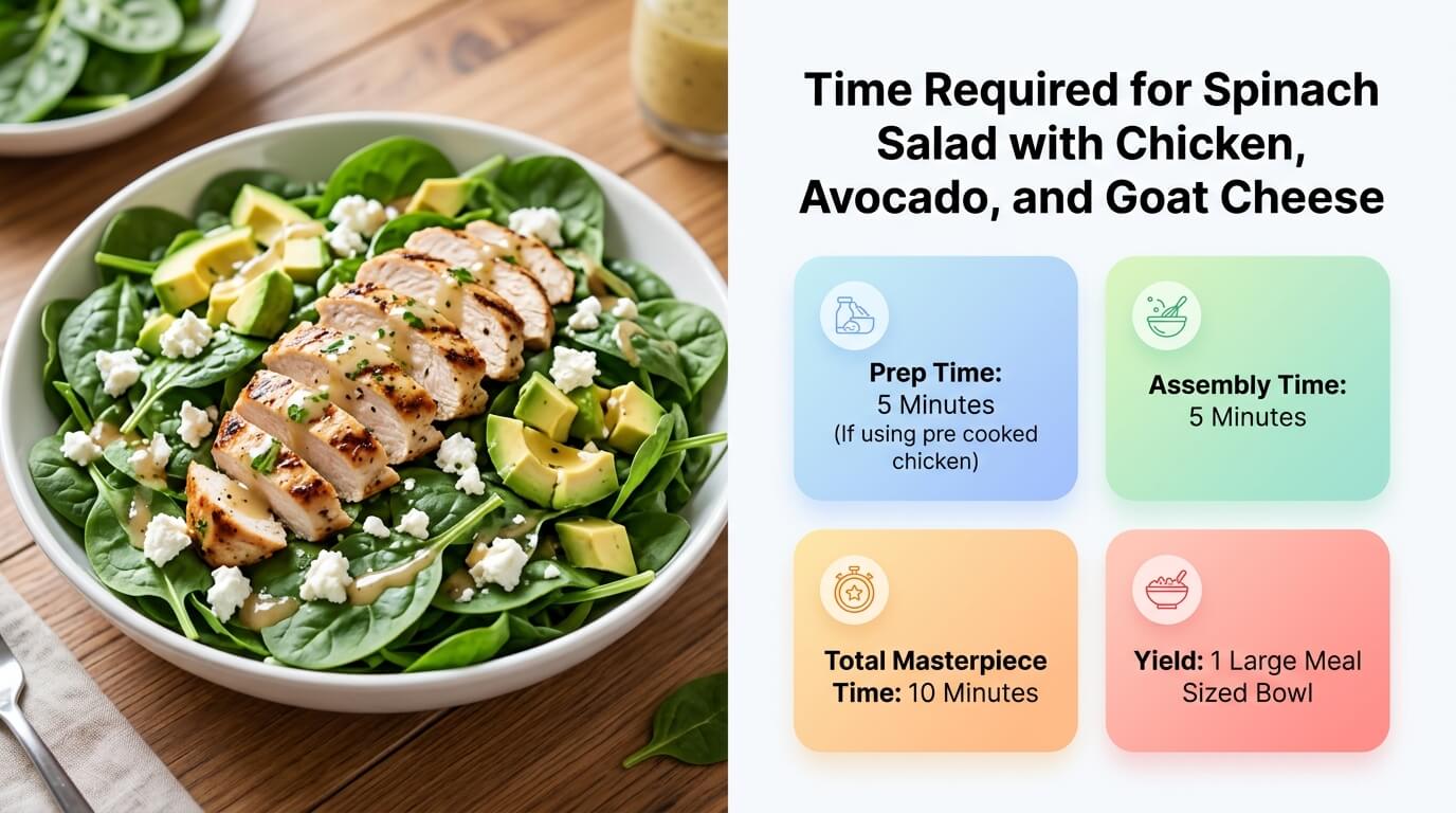Spinach Salad with Chicken, Avocado, and Goat Cheese with grilled chicken, avocado, and prep time info