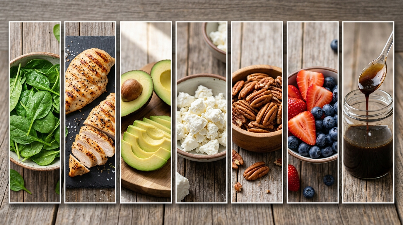 Spinach Salad with Chicken, Avocado, and Goat Cheese ingredients: fresh baby spinach, grilled chicken breast, creamy avocado, crumbled goat cheese, toasted pecans, fresh strawberries and blueberries, and homemade balsamic dressing