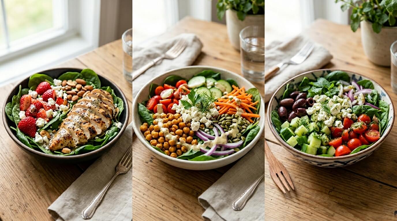 Spinach Salad with Chicken, Avocado, and Goat Cheese variations with different toppings like chickpeas, olives, and vegetables
