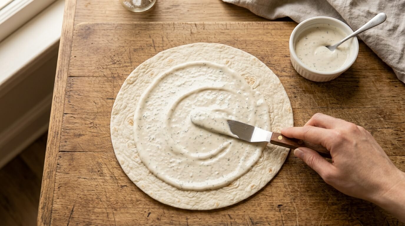 Spreading creamy sauce on tortilla for a Crispy Buffalo Chicken Wraps Recipe