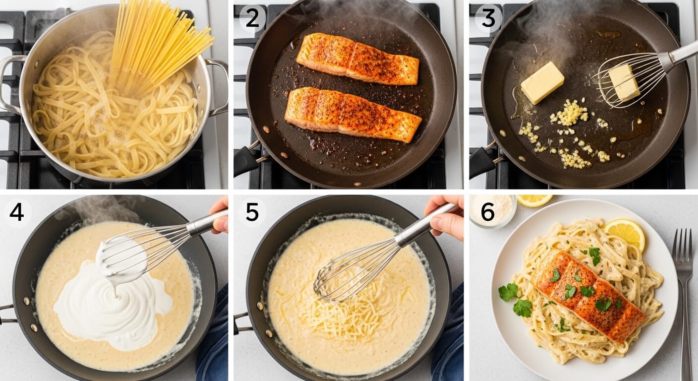 Salmon Alfredo Pasta recipe step by step: fresh ingredients (salmon, fettuccine, cream, parmesan, garlic, lemon), boiling pasta, searing salmon, preparing creamy Alfredo sauce, and the final Salmon Alfredo Pasta served on a plate with parsley and lemon
