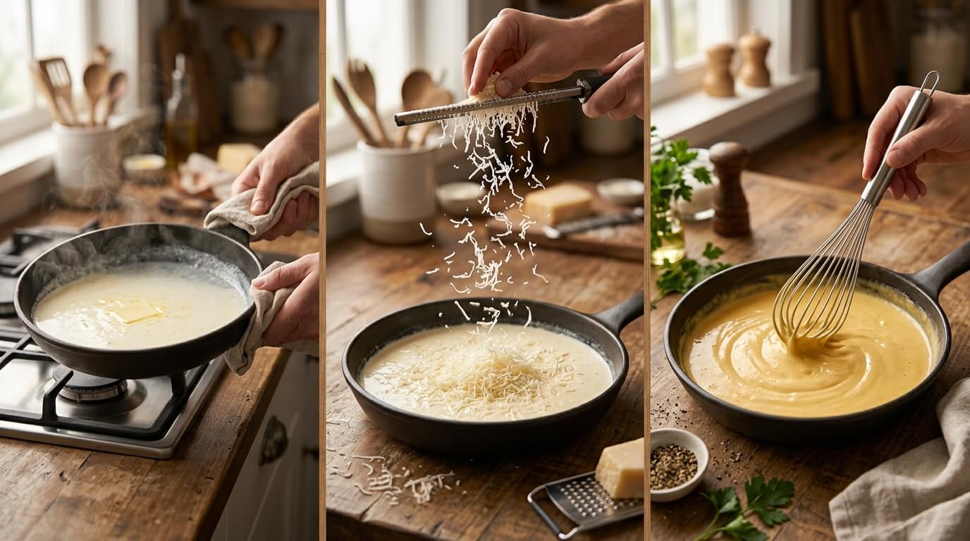 Cooking Chicken Alfredo Pasta sauce by adding cheese, whisking until smooth, and creating a rich creamy texture