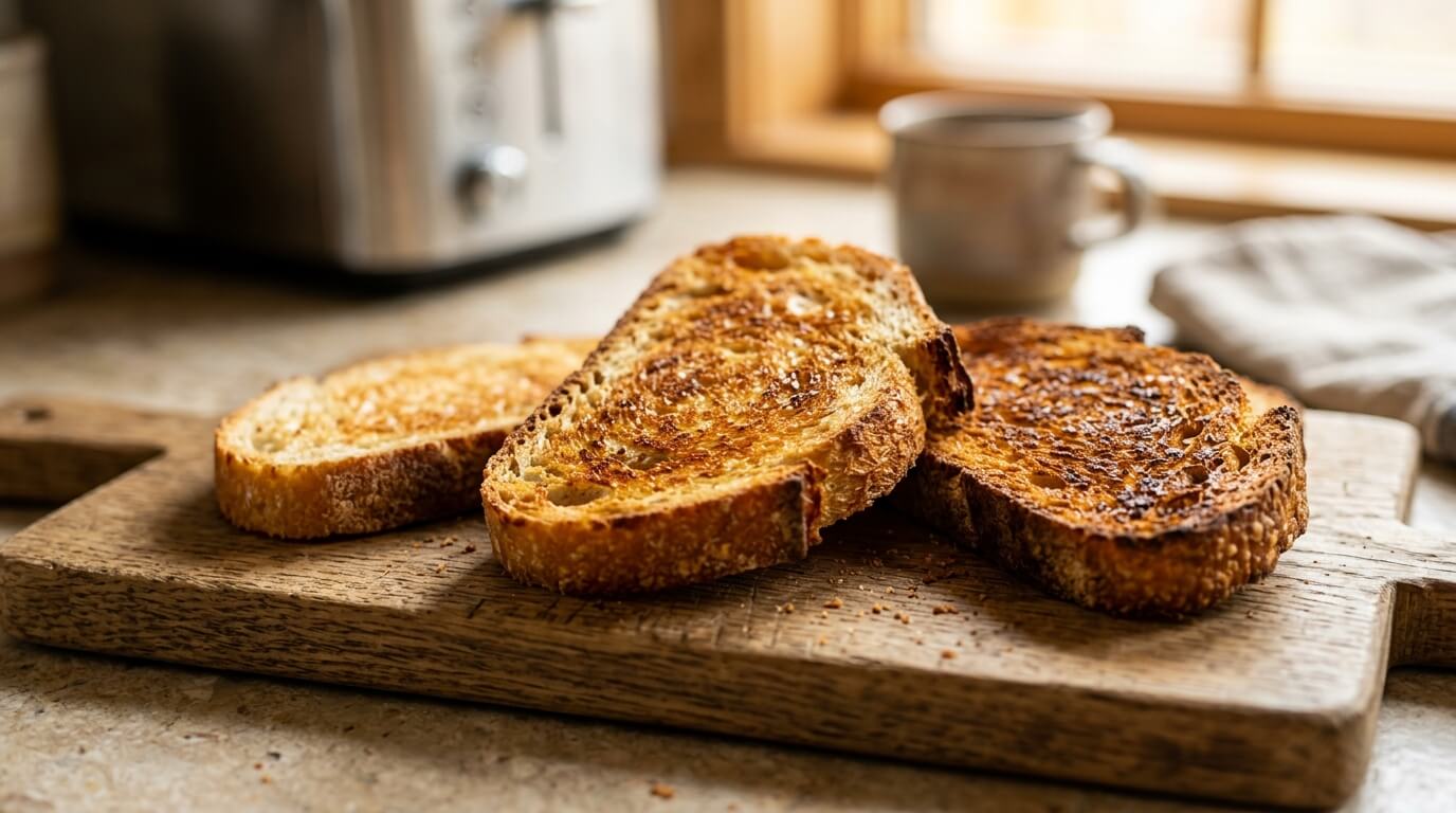 Toasted bread slices for turkey chicken club sandwich, golden and crispy on wooden board ready for assembly