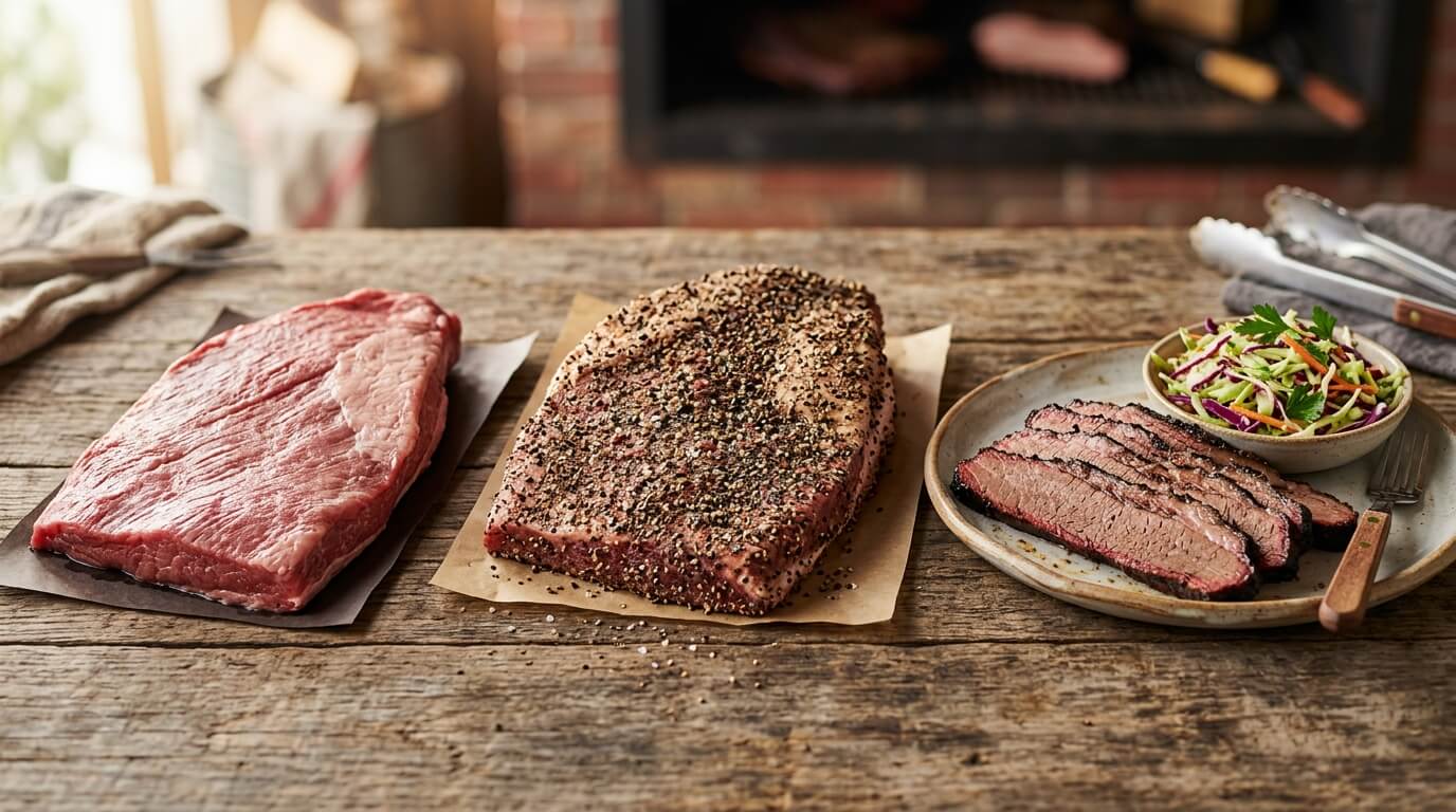 Raw, seasoned, and sliced brisket stages with slaw for a Texas Style Smoked Brisket Recipe