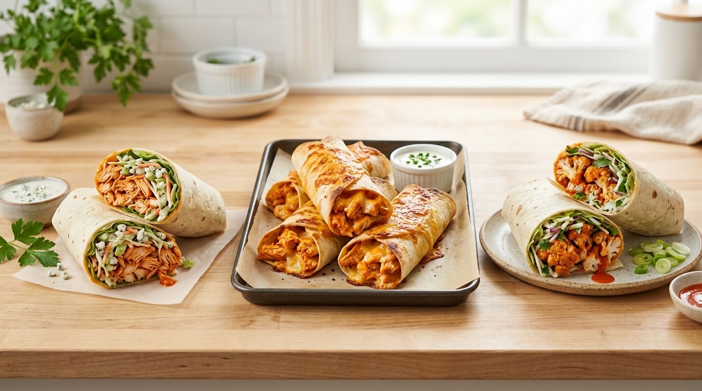 Crispy Buffalo Chicken Wraps Recipe plated with sliced wraps and dipping sauce on table