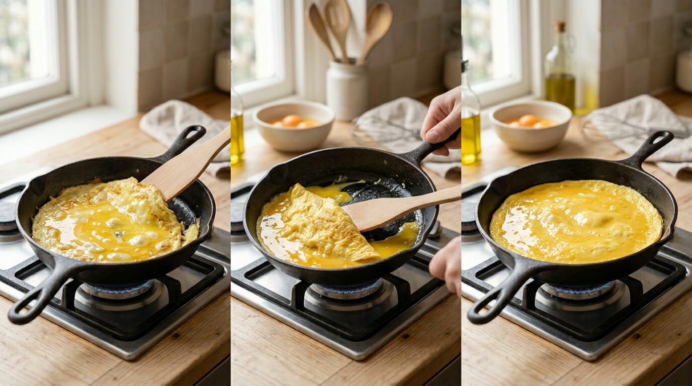 Cooking Ham and Cheese Omelette by folding eggs in pan, shaping omelette, and finishing smooth cooked surface